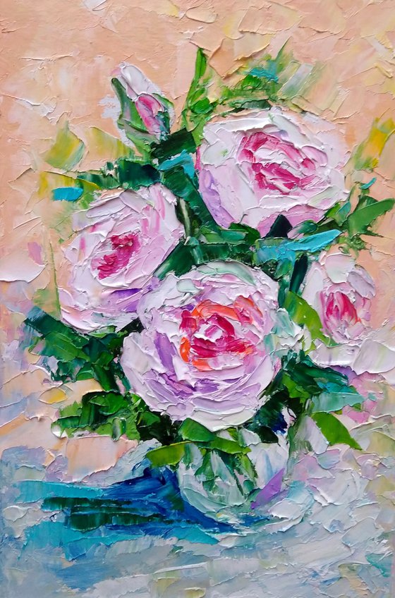 Pink Floral Painting Original Art Small Flower Artwork Oil Wall Art