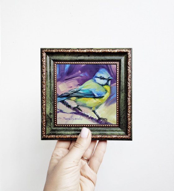 Blue tit bird art painting original 4x4, Small bird artwork in frame, Framed painting of titmouse bird, Pocket bird picture, Christmas gift