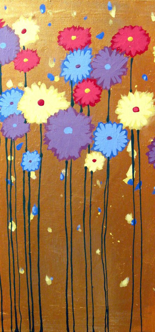 flower gold multi "Flowers on Gold" colour original abstract floral painting art canvas - 18 x 24 " by Stuart Wright