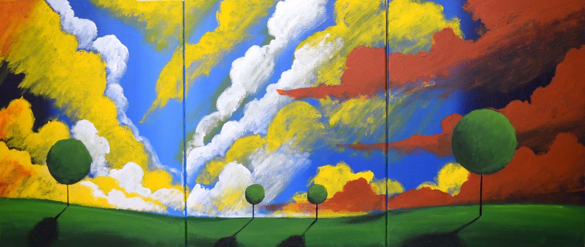 Impressionistic Landscape Acrylic Painting By Stuart Wright, 48 X 20", Sky Painting Clouds, Original Artwork