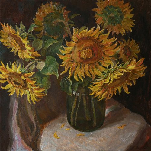 Sunflowers - sunflower still life painting by Nikolay Dmitriev
