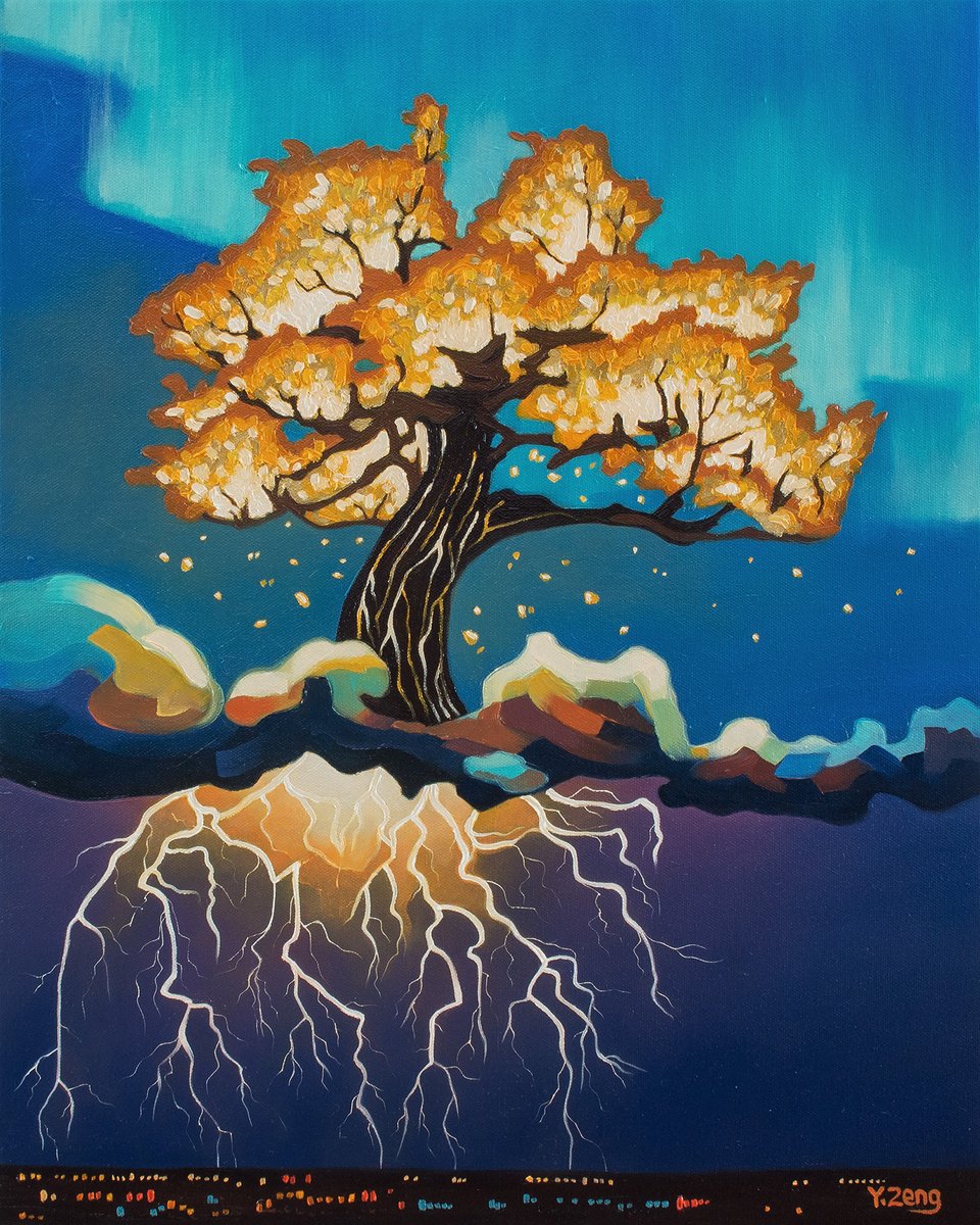 Surrealistic Landscape Oil Painting By Yue Zeng, 16 X 20", Lightning Tree, Original Artwork