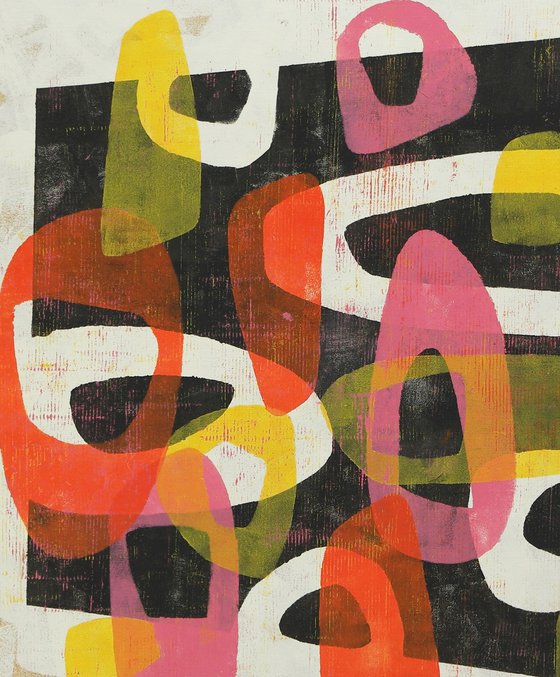 Incl Frame 95 x 95 cm - Round & Round in Pink & Orange - Ronald Hunter - 25J