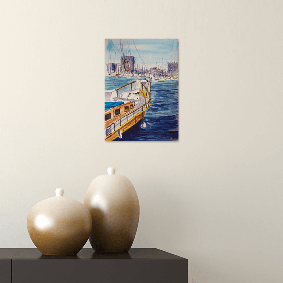 Barcelona Port. Street sketch. Small impressionistic painting interior sea home decor gift idea spain