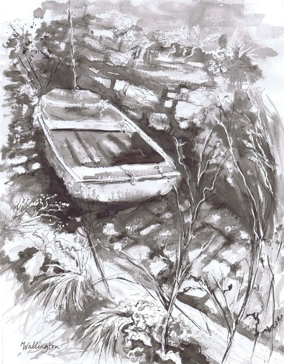 Old Boat in the Slipway - monochrome painting