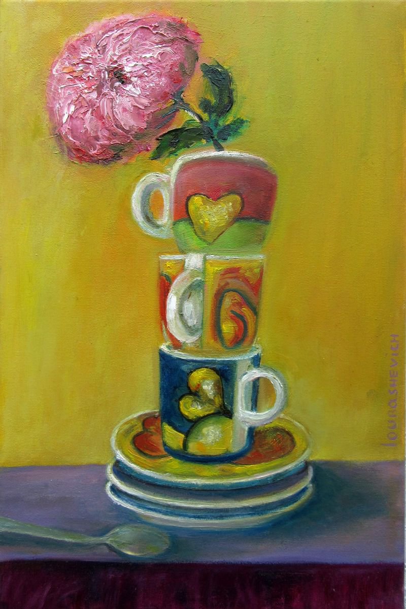 The Life of Coffeecups Original Kitchen Food Beverages Still Life Yellow Purple Handmade G... by Katia Ricci