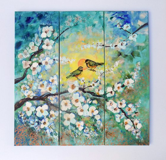 Singing of Spring - three pieces canvas, triptych, painting