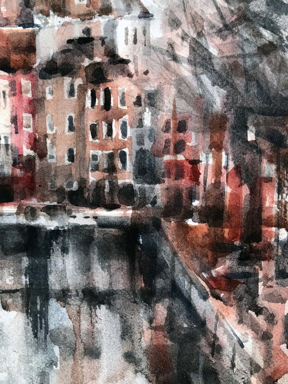 Winter channel. Amsterdam. one of the kind, original painting, watercolour.