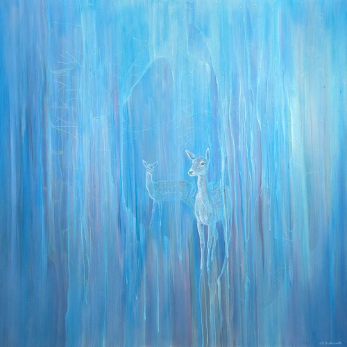 Out of the Blue, a blue abstract deer painting by Gill Bustamante