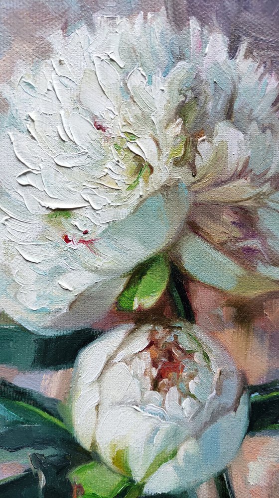 White peony flowers painting canvas art 8x6 inches, Two white flowers small oil painting framed
