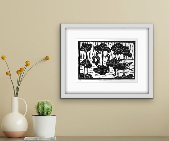 Bernaches du Canada - Small linocut print limited edition of 9
