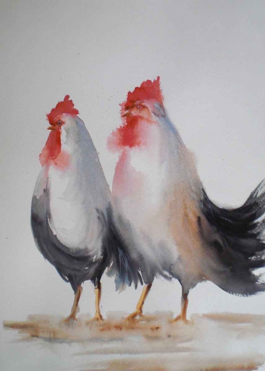 Expressive Animal Watercolour By Giorgio Gosti, 13 X 19, Roosters 3, Original Artwork