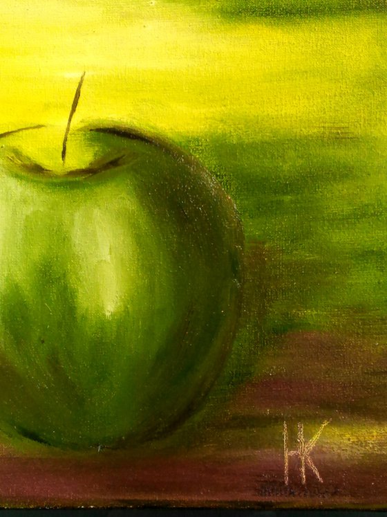 Apple Painting Fruit Original Art Green Apple Oil Canvas Artwork  Small Still Life Wall Art 8 by 8" by Halyna Kirichenko