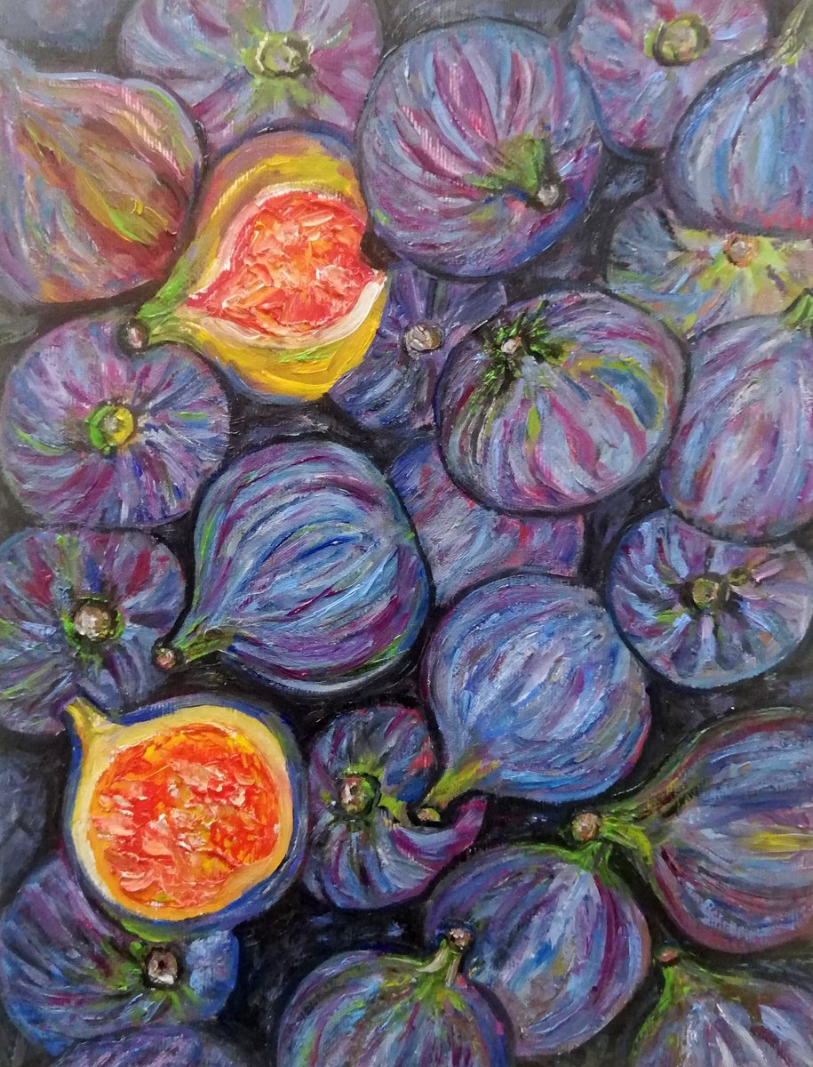 Figs on Black Surface Original Oil on Canvas Board Fruit Painting 7 by 10 (18x24cm) by Katia Ricci