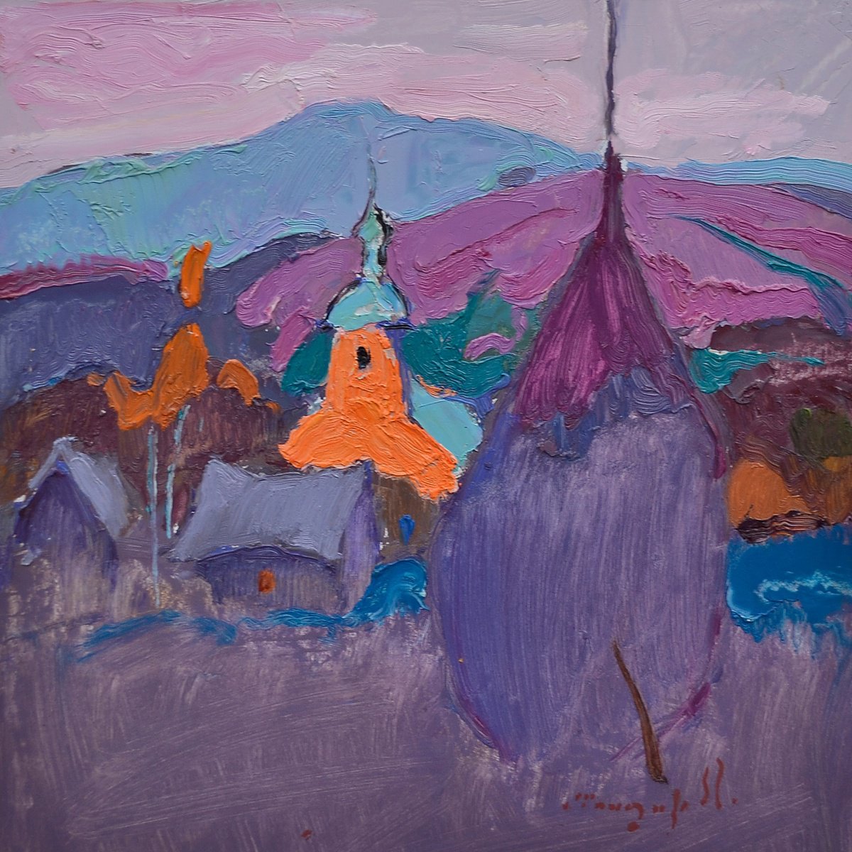 Impressionistic Cityscapes Oil Painting By Alexander Shandor, 16 X 15, With The Church, Original Artwork