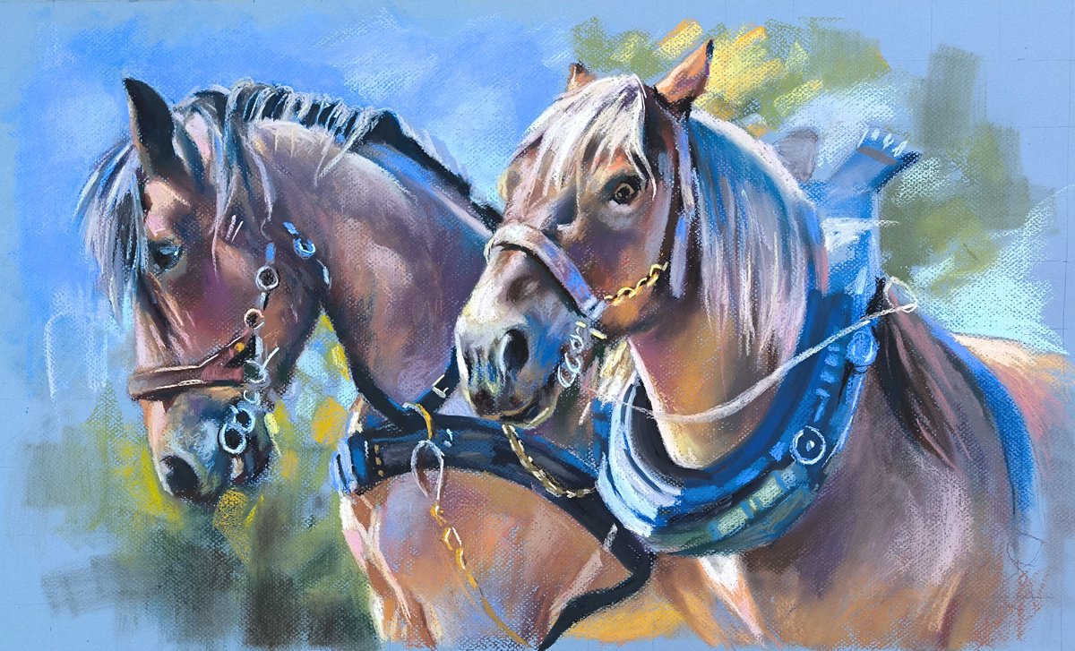 Impressionistic Pastel Drawing , Portrait Of Draft Horses By Magdalena Palega, 26 X 16, Artwork For Sale On Artfinder