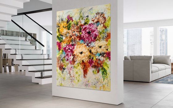 "Vibrant Floral Passion", XXL abstract flower painting