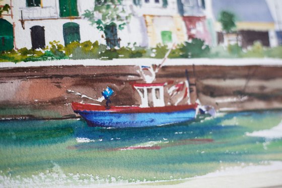 Low water in Deauville. Original watercolor small size impressionism travel france normandy sea seaside landscape interior decor