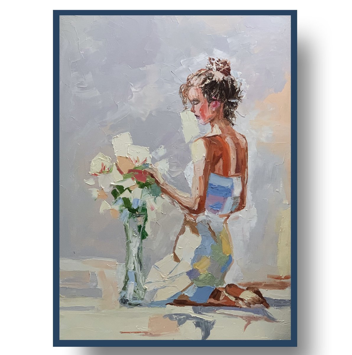 Expressive Portrait Oil Painting By Vita Schagen, 20 X 28", Woman With The Flowers., Original Artwork