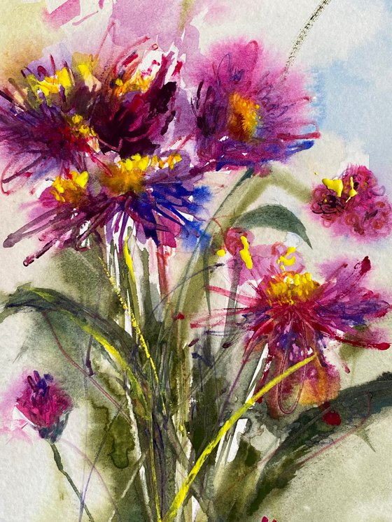 Chrysanthemum 1 - watercolor sketch in frame