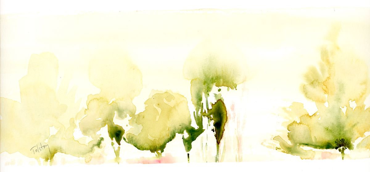 Impressionistic Botanical Watercolour By Alex Tolstoy, 8 X 4, Trees Through The Window 1, Original Artwork