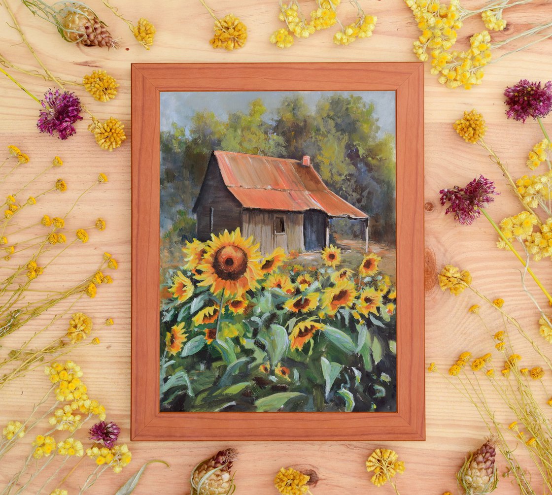 Old cabin with sunflower yard Oil painting by Lucia Verdejo