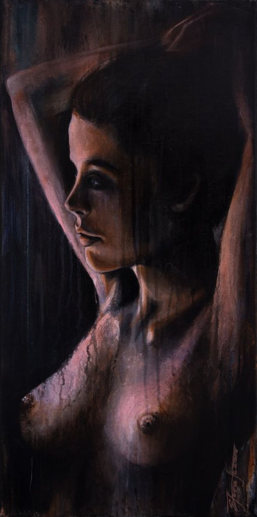 "Exposure",Original acrylic painting on canvas 40x80x2cm.This is part of a series of paintings called "The true of beauty" by Elena Kraft