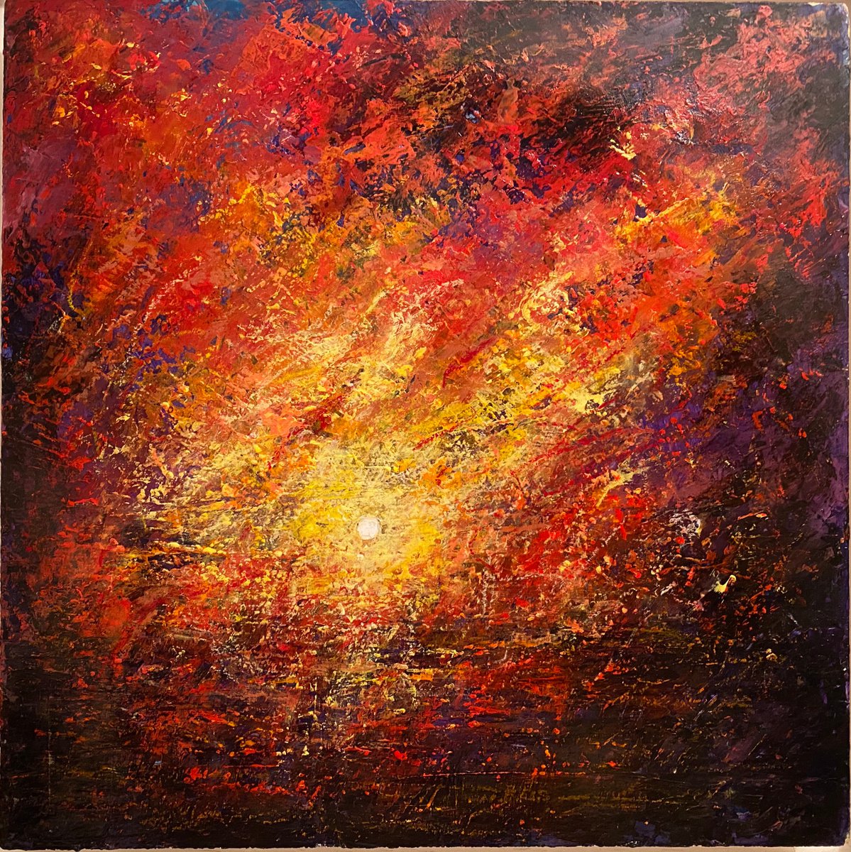 Impressionistic Landscape Acrylic Painting By Clare Hoath, 14 X 14, Blazing Turner Sky, Original Artwork