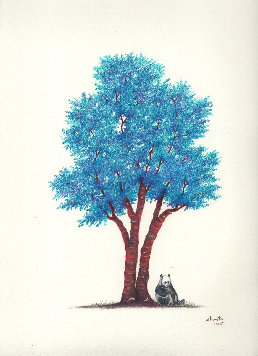 Panda bear and the blue tree - Coloured pencil drawing by Shweta  Mahajan