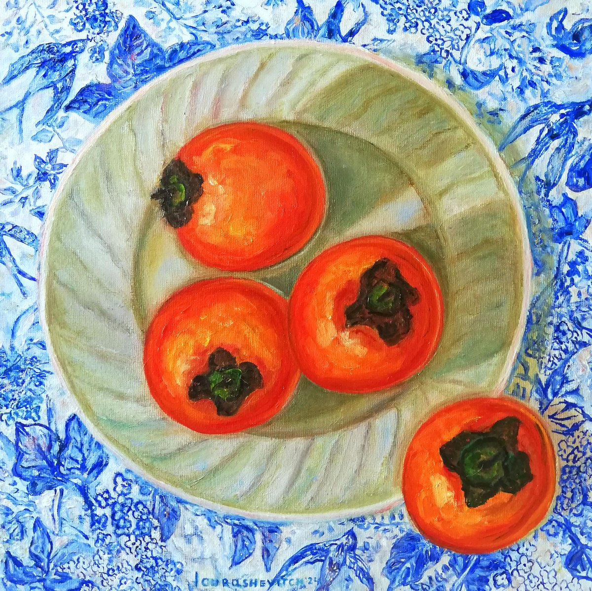 Impressionistic Still Life Oil Painting By Katia Ricci, 12 X 12", Plated Persimmons On Table, Original Artwork