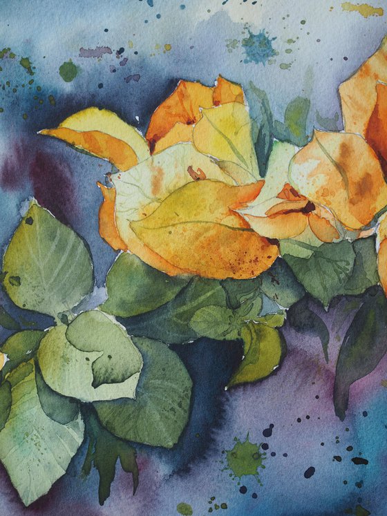 Branch of yellow bougainvillea - original watercolor expressive flowers