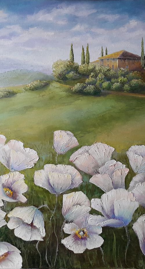 White poppies by Mary Voloshyna