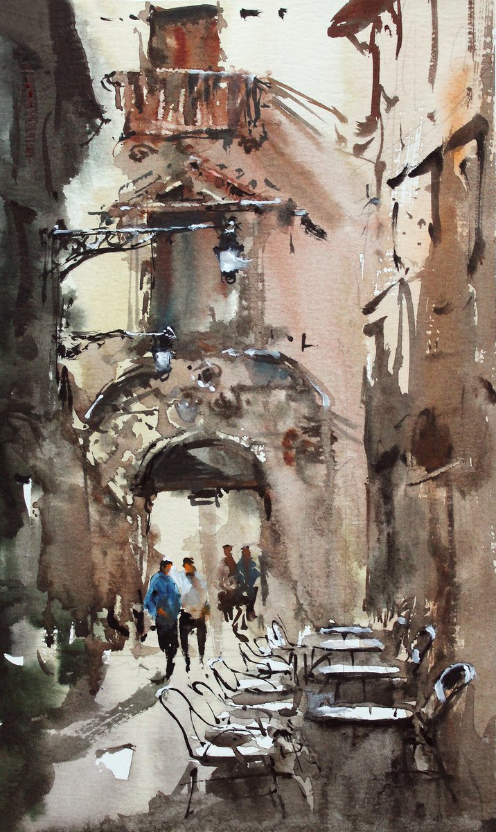 Impressionistic Landscape Watercolour By Maximo Damico, 1 X 2", Venice Narrow Square, Original Artwork