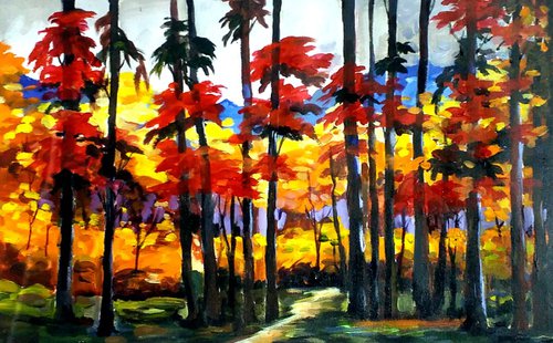Beauty of Autumn Forest III - Acrylic on Canvas Painting by Samiran Sarkar