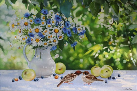 Daisies and Cornflowers with Sparrows