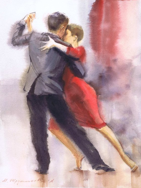 Argentine tango dancers / Original Argentine Tango, Dance in Art, Watercolor Painting,  Artwork by Marina Trushnikova Fine Art