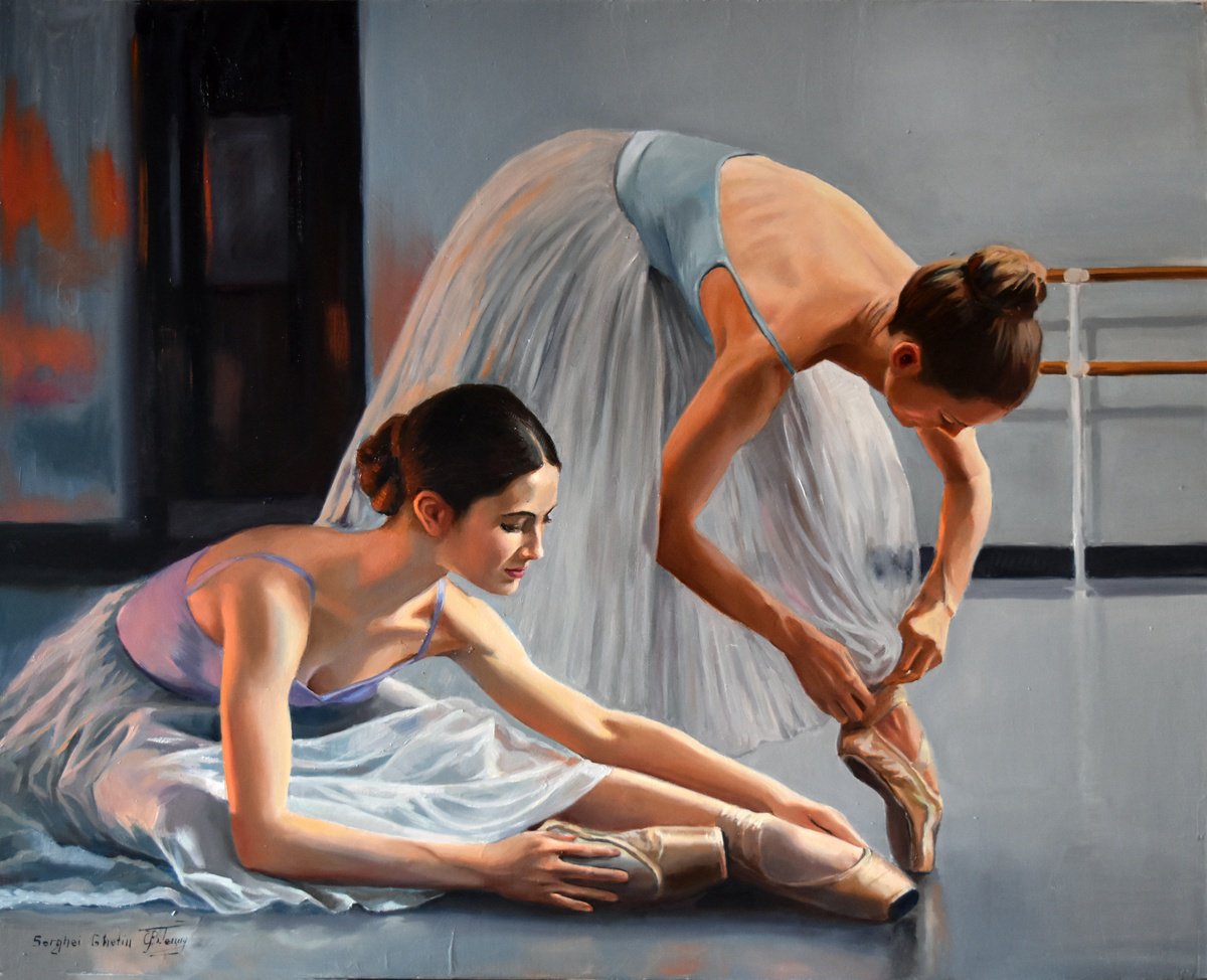 Photorealistic Portrait Oil Painting By Serghei Ghetiu, 31 X 26", Preparing For Ballet Classes, Original Artwork