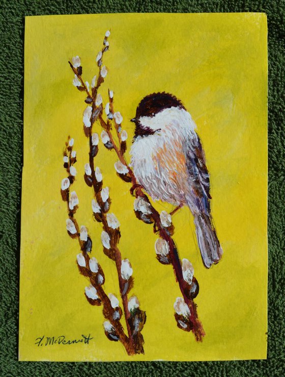 Yellow Chickadee - framed 7X5 inch original acrylic painting by K. McDermott (SOLD)