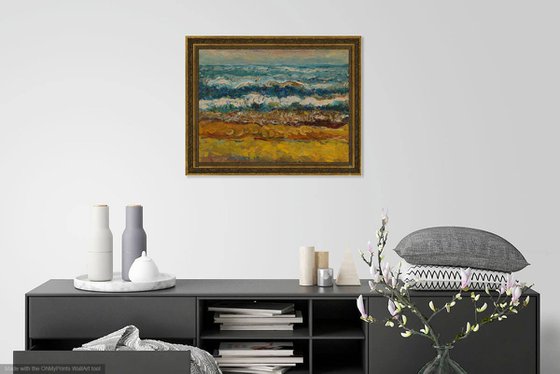 BENGAL BAY WAVES - Landscape art, waterscape, marina, ocean, beach, sun, sky, sunset, light on water, original oil painting, summer, wave, blue, yellow, warm colours, nature impressionism art office interior home decor, gift 50x65