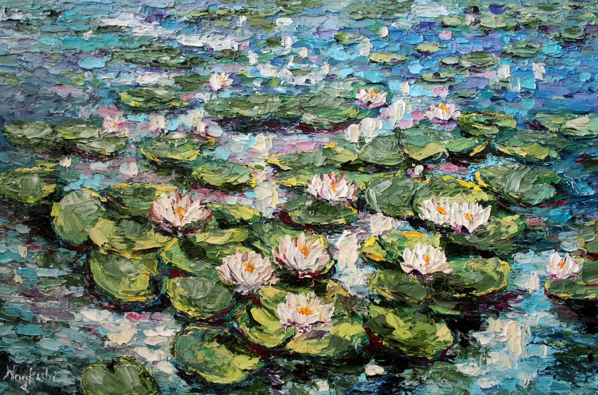 Impressionistic Botanical Oil Painting By Haykuhi Khachatryan, 24 X 16, Water Lilies, Original Artwork