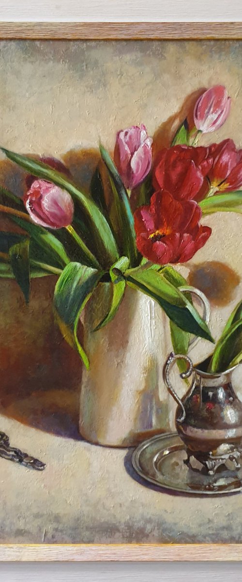 "Spring tulips" still life  metal silver tulip liGHt original painting  GIFT (2019) by Anna Bessonova (Kotelnik)