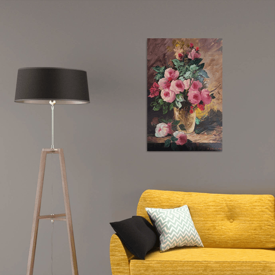 Still life pink roses (60x90cm, oil painting, ready to hang)
