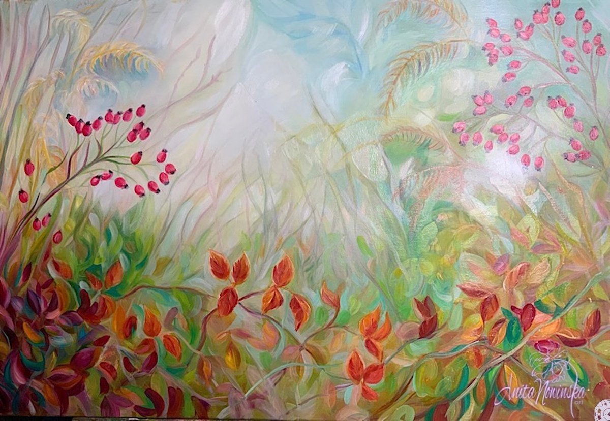 ’Choices’-Autumn Devon Hedgerow flower painting by Anita Nowinska