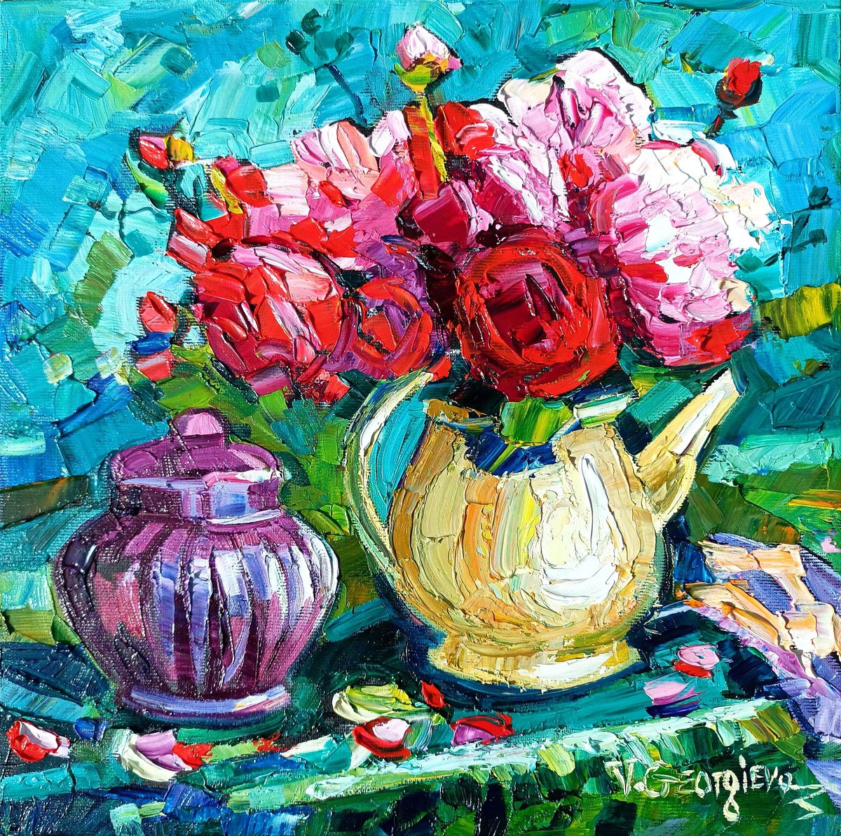 Impressionistic Botanical Oil Painting By Vanya Georgieva, 12 X 12", Red Rosses, Original Artwork