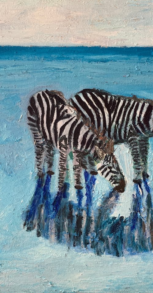 Zebras In Blue Water by Ryan  Louder