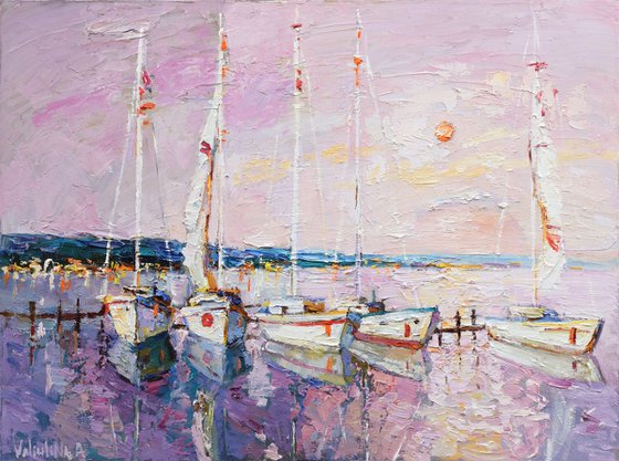 Sailing boats at sunset - Original landscape painting