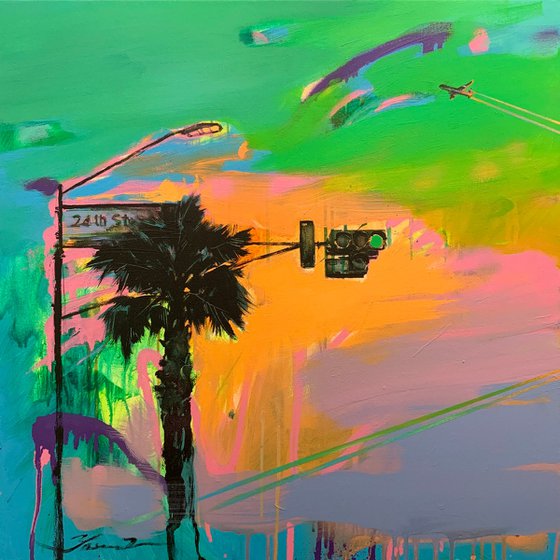 Big XXL artwork - "Green light" - Pop Art - Palm - Diptych - Street Art - Expressionism - Sunset