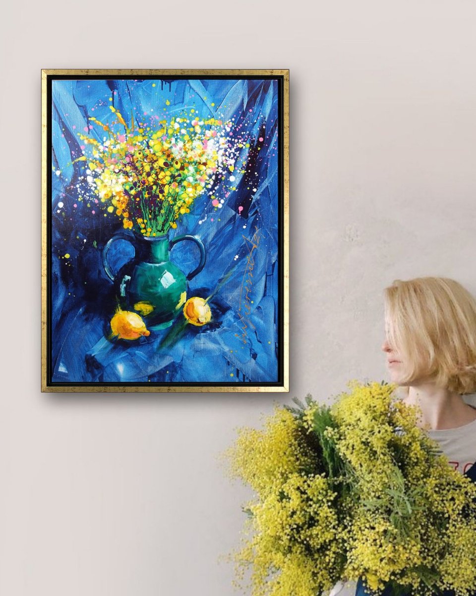 ’BLUE AND YELLOW FLORAL JOY’ - Acrylics Painting by Ion Sheremet
