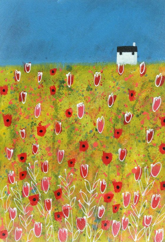 White Cottage with Poppies and Tulips