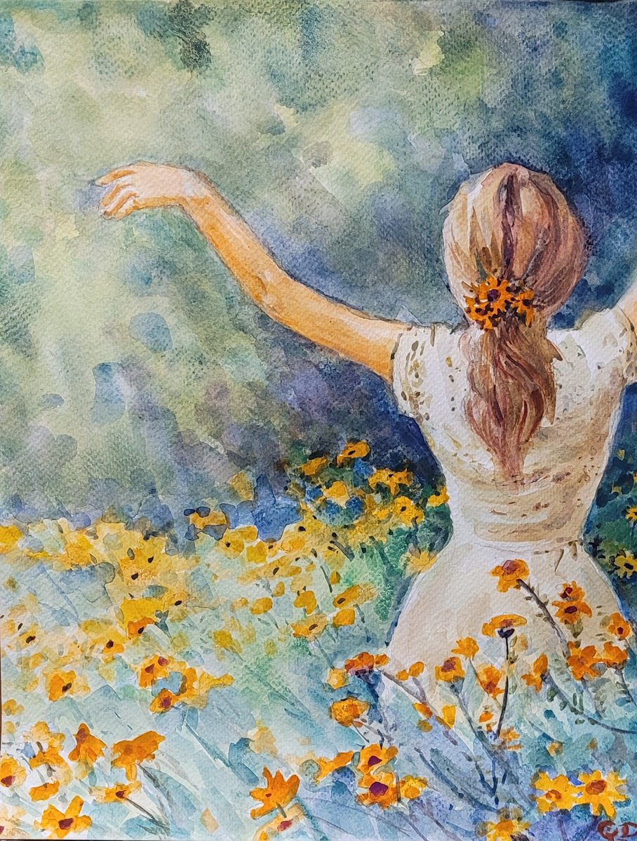 Impressionistic Botanical Watercolour By Qi Debrah, 11 X 14", Yellow Daisy, Original Artwork